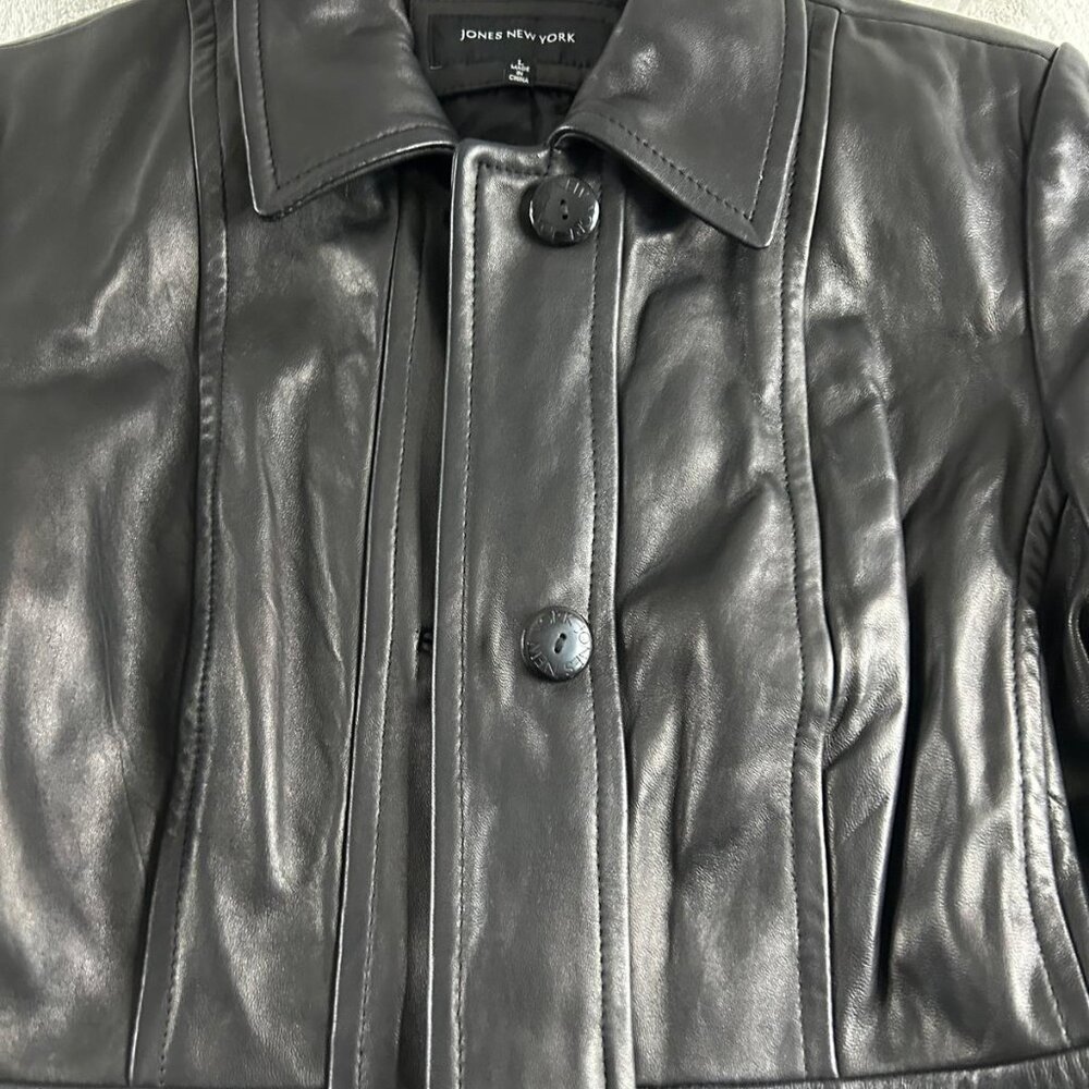 Jones New York Women Leather Jacket Size Large Long Sleeve Button Black - Picture 3 of 5